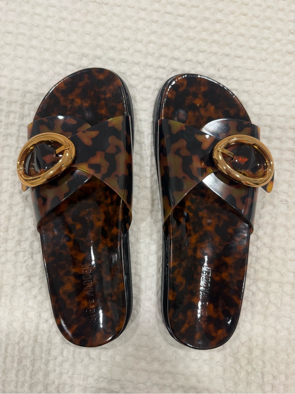 Steve Madden Tortoiseshell Slide Sandals with Gold Buckle